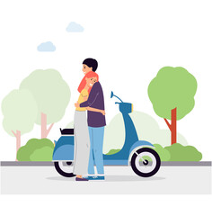 Embracing couple at background with motorbike flat vector illustration isolated.