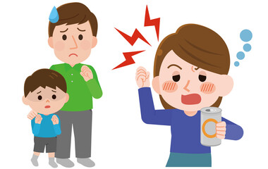 泥酔して家族にあたる女性　困る家族　イラスト