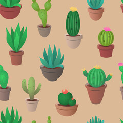 Cactus, agave, succulent and other plants seamless vector pattern.