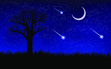 Obraz na płótnie Canvas moon and tree, blue night illustration