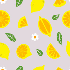 Lemon, citrus, fruits seamless vector pattern.