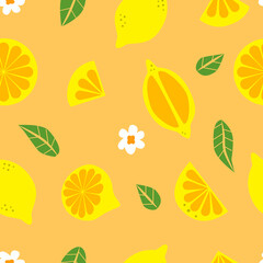 Lemon, citrus, fruits seamless vector pattern.