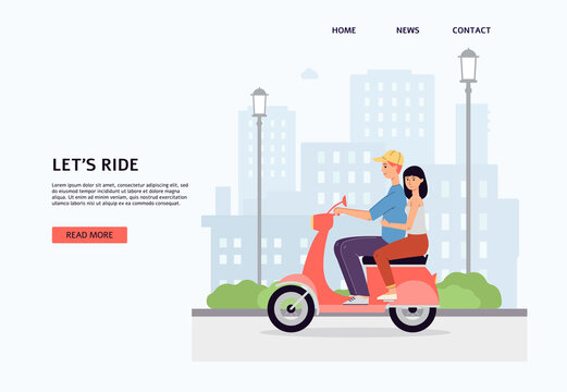 Lets ride web banner with couple rides motorcycle flat vector illustration.