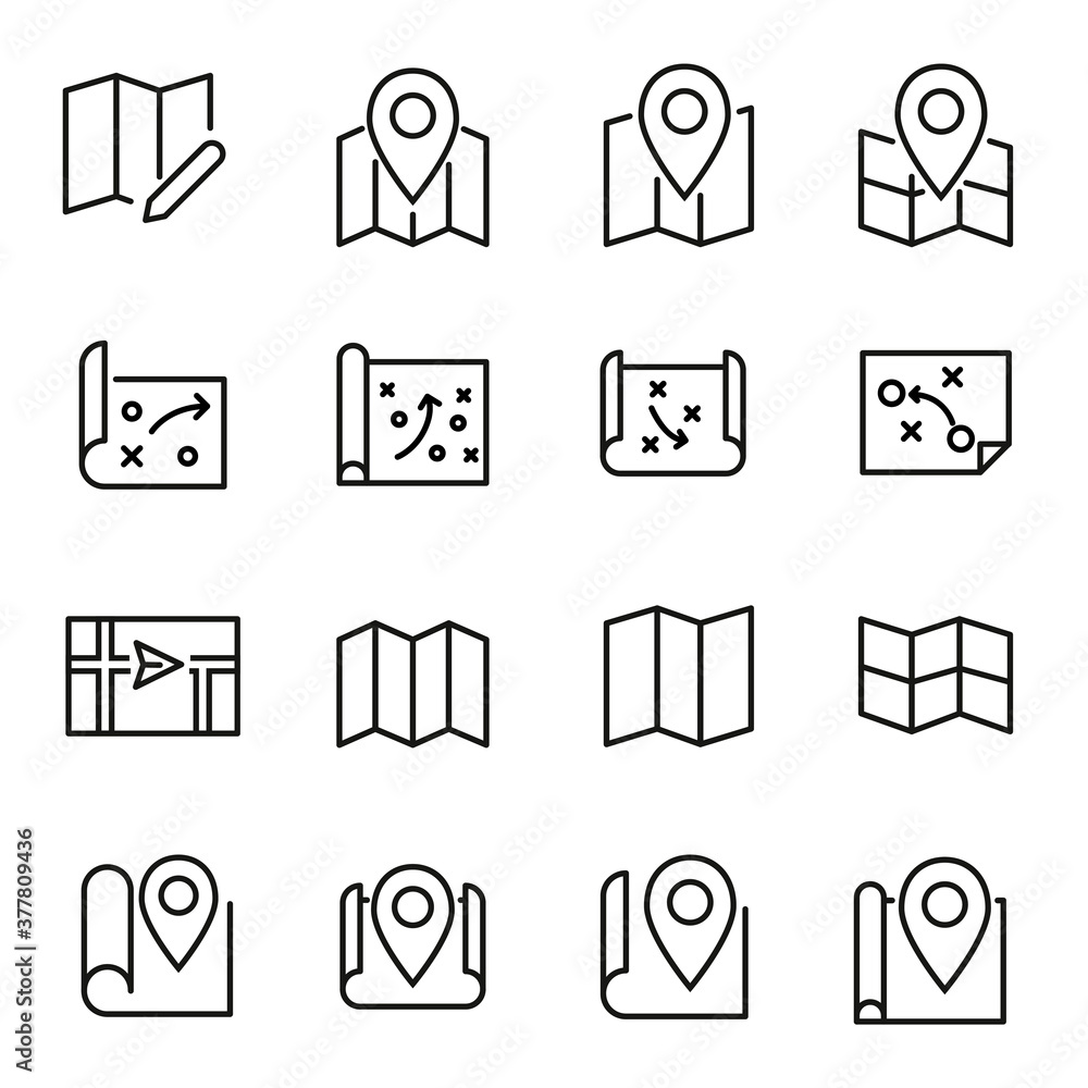 Poster set of map related vector line icons.