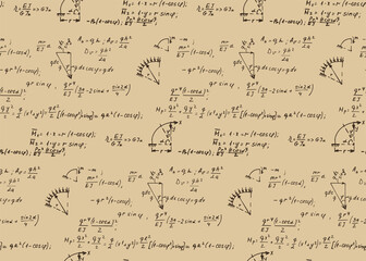 Vector seamless pattern with physics formulas and equations on kraft paper. Old college notation. Educational and scientific vintage background.