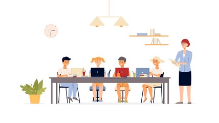 Children computer class in school scene flat vector illustration isolated.