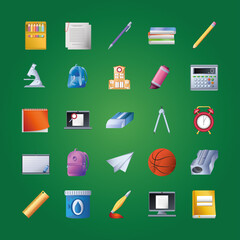 set of icons school in green background