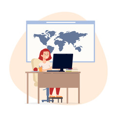 Young girl having computer geography lesson flat vector illustration isolated.