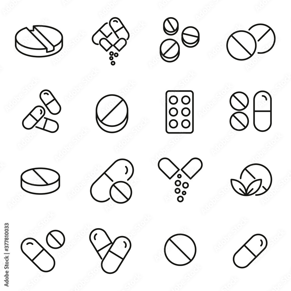 Poster vector line icons collection of pill.