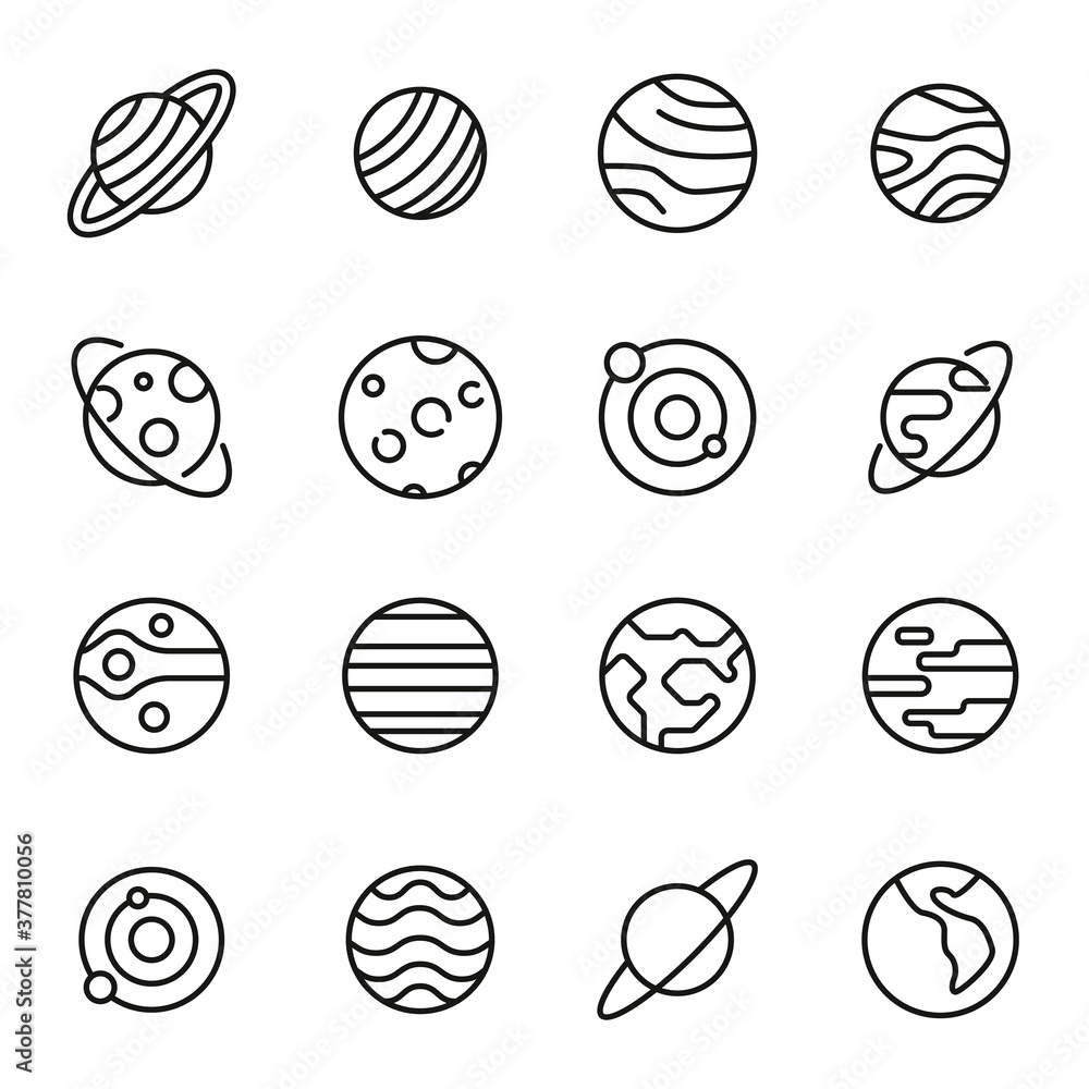 Poster simple set of planet icons in trendy line style.
