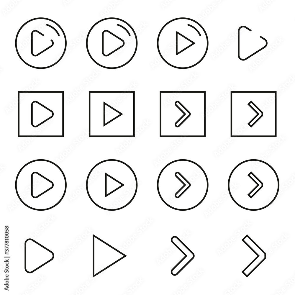 Poster stroke line icons set of play button.