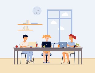 Fototapeta premium Children cartoon characters studying using laptop flat vector illustration.