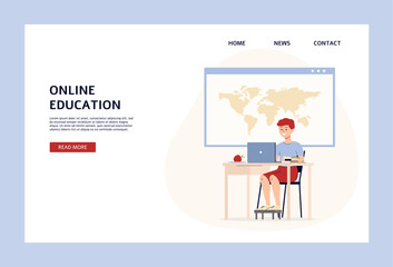 Fototapeta na wymiar Online education banner with child studying flat vector illustration isolated.