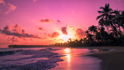 Pink sunrise on a tropical beach. The edge of the wave on the sand and silhouettes of palm trees