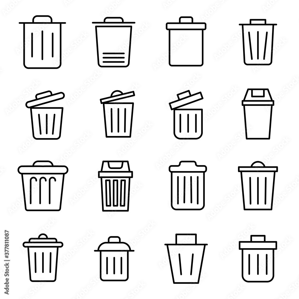 Poster simple set of trash can icons in trendy line style.