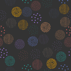 Vintage seamless pattern of dots and circles. Perfect for fabric, textile, wallpaper. Vector illustration. Black background.