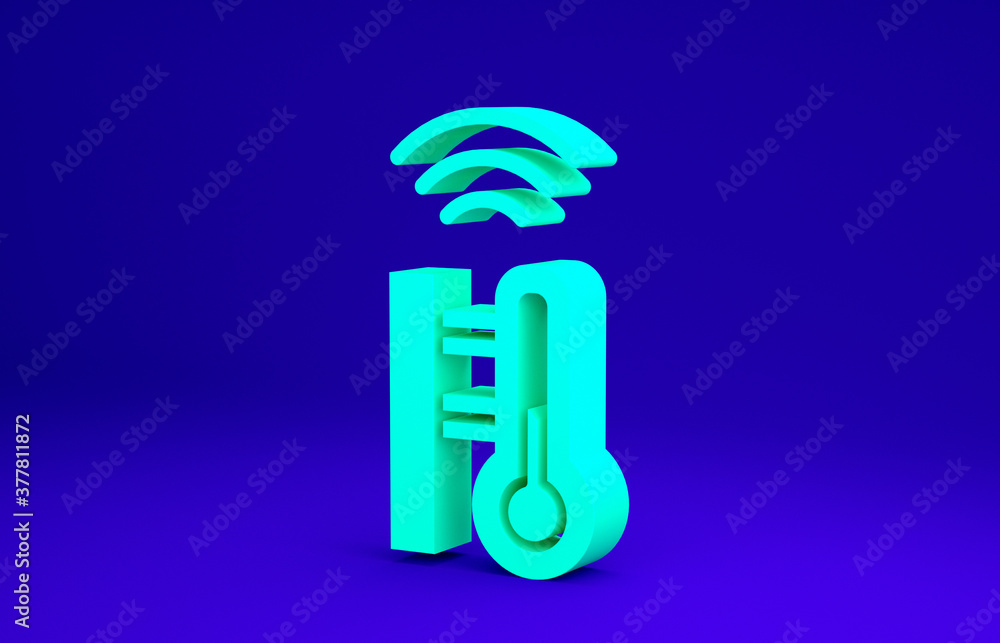 Poster green smart meteorology thermometer measuring system icon isolated on blue background. internet of t