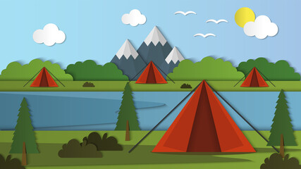 Outdoor Summer camp landscape background with papercut style, good for background, event and wallpaper