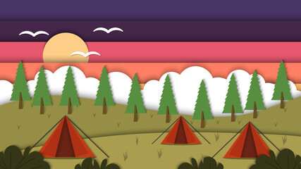 Landscape with Sunset view Outdoor camping papercut background vector, good for background, event and wallpaper