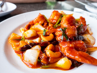 Thai food, prawns with cashew nuts