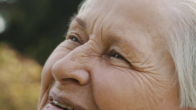 close up, happy smiling face expression of an elderly woman with wrinkles. High quality 4k footage