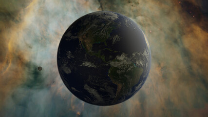 3d render of planet Earth in space with a galaxy background showing north and south America