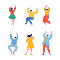 Dancing people funny cartoon style. Men and women in free movement poses. Flat design.