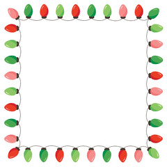 Vector Retro Colorful Holiday Christmas and New Year String Lights Isolated Square Frame on White Background. Winter Holiday Circular Decorative Element Perfect for Invitations, Postcards, Banners