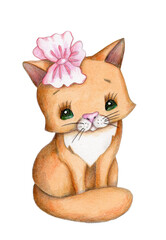 Fototapeta premium Watercolor cute cartoon kitty cat with pink bow. Isolated on white. 