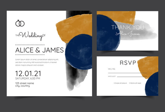 wedding invitation cards, watercolor textures and fake gold splashes for a luxurious touch
