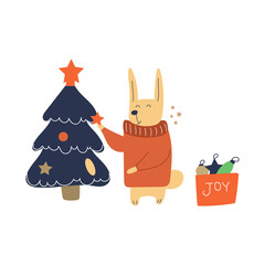 Cute rabbit decorates the Christmas tree, box with toys with text joy. Hand drawn flat illustration.