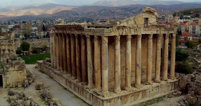 Spectacular Roman Ruins of the Temple of Bacchus in Baalbek (Heliopolis) Temple Complex, Lebanon, Drone Aerial Circle Orbit Daytime