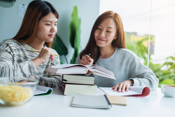Two young female students tutoring and catching up workbook together