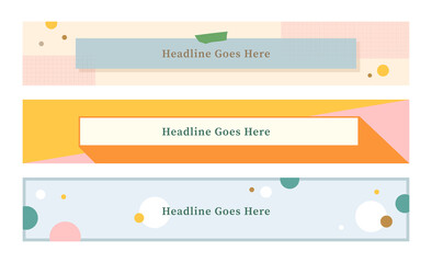 Youtube channel banner template set of three in pastel colors. girly lifestyle, social media design elements. background, baby pink, blue, orange, yellow, green, gold and beige.