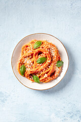 Italian pasta. Spaghetti with tomato sauce, cheese and basil, top shot on a stone background