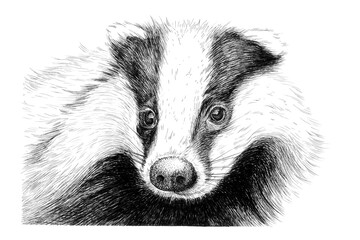Hand drawn badger portrait, sketch graphics monochrome illustration