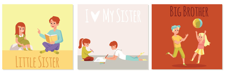 Set of brothers and sisters together, flat cartoon vector illustration isolated