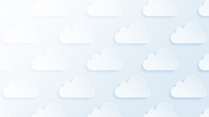 Many white clouds on light blue background. Modern and trendy conceptual abstract background in 4k resolution.
