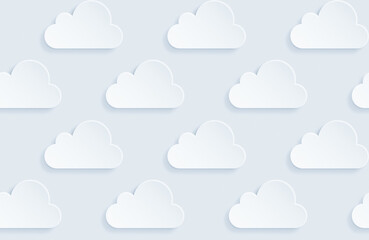 Fototapeta premium Many white clouds on light blue background. Modern and trendy conceptual abstract background, seamless pattern.