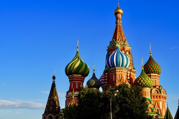 Fototapeta na wymiar Moscow, Russia - August, 2020: St Basil's Cathedral is the main attraction of the Russian capital. Moscow city tour. Summer Landscape. Tourist places are obligatory to visit in Russia.