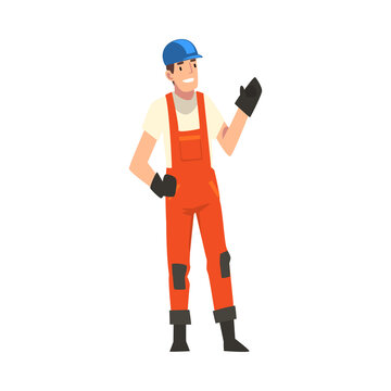 Cheerful Construction Worker, Male Builder Character Wearing Uniform and Protective Helmet Building House Cartoon Vector Illustration