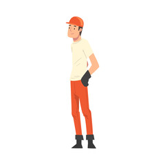 Construction Worker Character Wearing Workwear and Protective Helmet Cartoon Vector Illustration on White Background