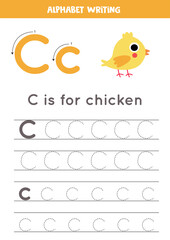 Handwriting practice with alphabet letter. Tracing C.