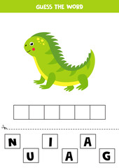 Spelling game with cute cartoon green iguana.