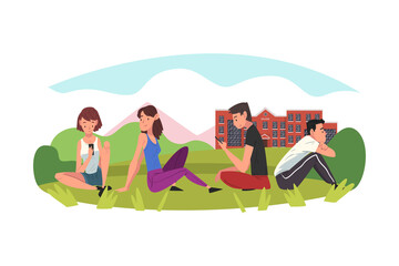 Obraz na płótnie Canvas Male and Female Students Sitting on Green Grass, People Talking to Each Other in front of College Building Vector Illustration