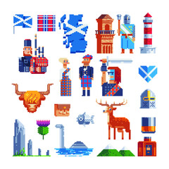 Scotland country icons in set collection for design. Sightseeing, culture and tradition vector symbol. Pixel art 80s style. Scottish landmark, animals, map, flag, national dress. Stickers design. 