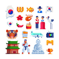 Korea elements of national culture travel landmark pixel art 80s style icons set, Korean flag and seafood, tourist plane and people in national clothes isolated illustration. Design logo, app, sticker