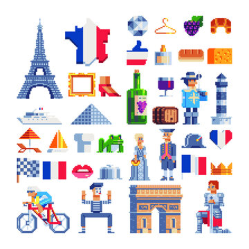French tradition elements. Icons set. 80s style. Pixel art. Theme of France. National flag and Eifel tower. Food, fashion symbols. Wine and croissant. Stickers design. Isolated vector illustration.