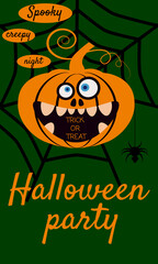 Halloween holiday greeting card merry pumpkin in spider web. Template banner, flyer, poster vector illustration
