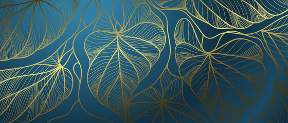 Luxus-Wand-Kunst-Hintergrund. Tropical Line Arts Hand zeichnen Gold exotische Blumen und Blätter. Design für Verpackungsdesign, Social-Media-Post, Cover, Banner, Gold geometrischer Musterdesignvektor